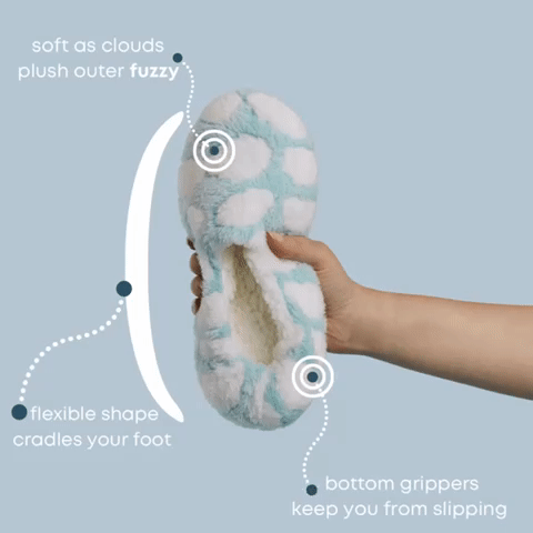 fuzzy babba diagram with descriptions showing the soft as clouds plush outer fuzzy, the flexible ballerina shape that cradles your foot, and the bottom grippers that keep you from slipping!