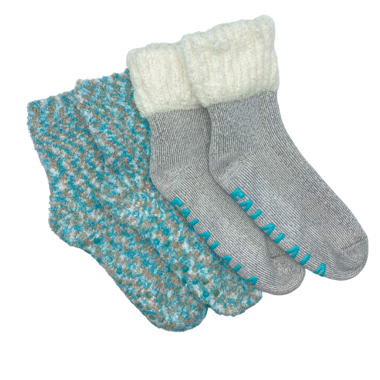One white fuzzy sock featuring light blue FA LA LA LA shaped rubber gripper.