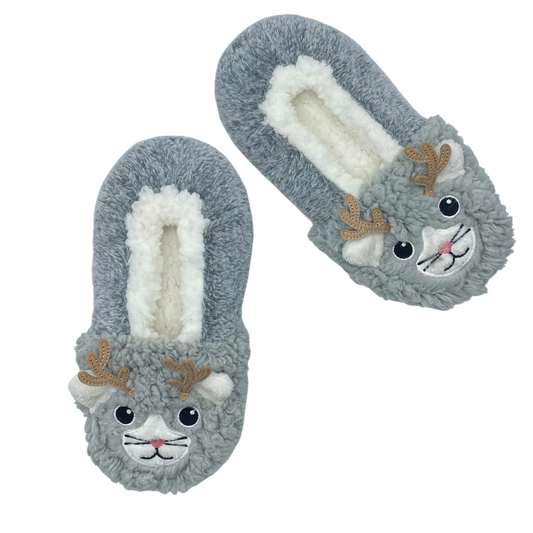 Cat Wearing Reindeer Antlers Holiday Dreamy Babba Slipper Socks with Grippers
