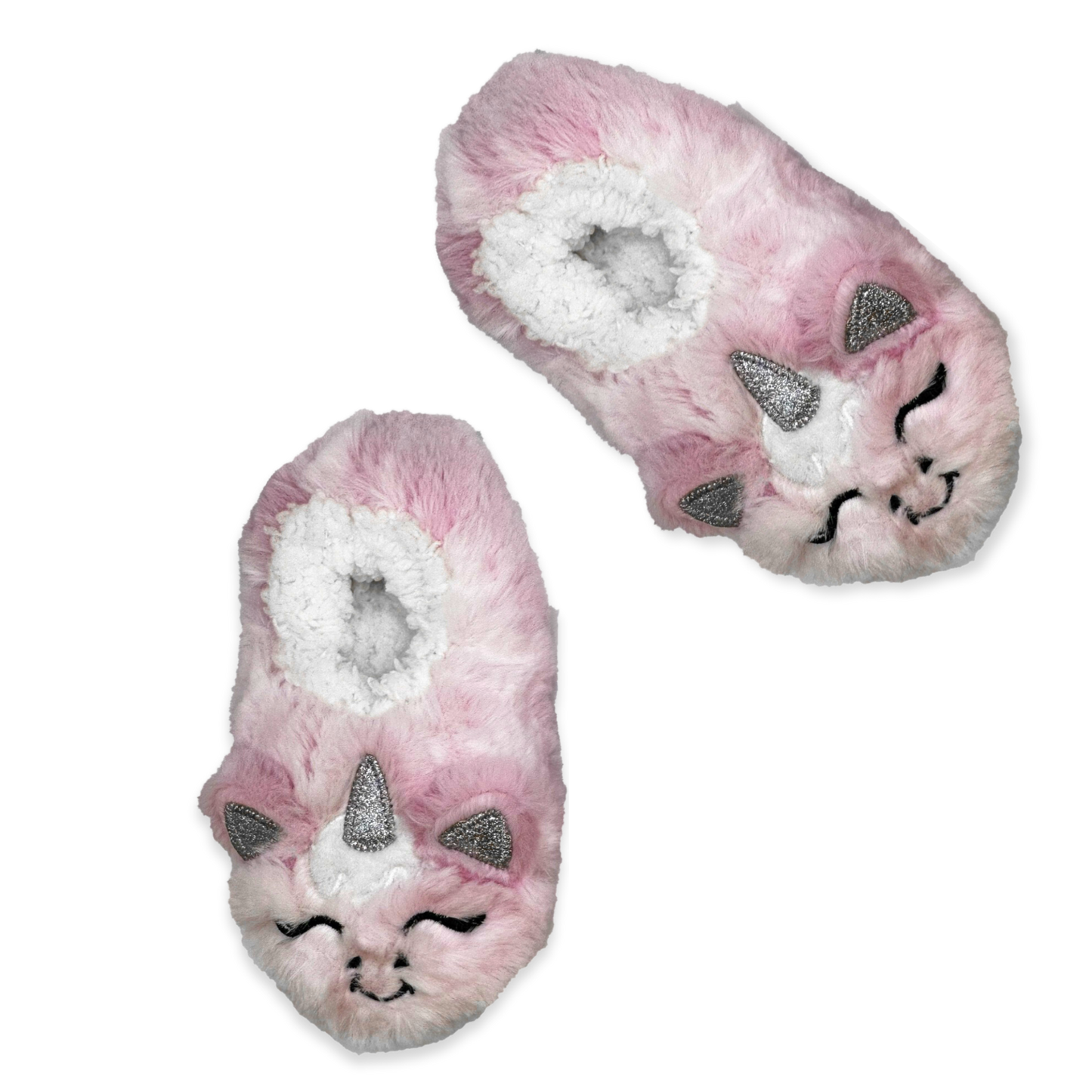 A pair of pink slippers with a smiling unicorn face on them and 3D sparkly ears