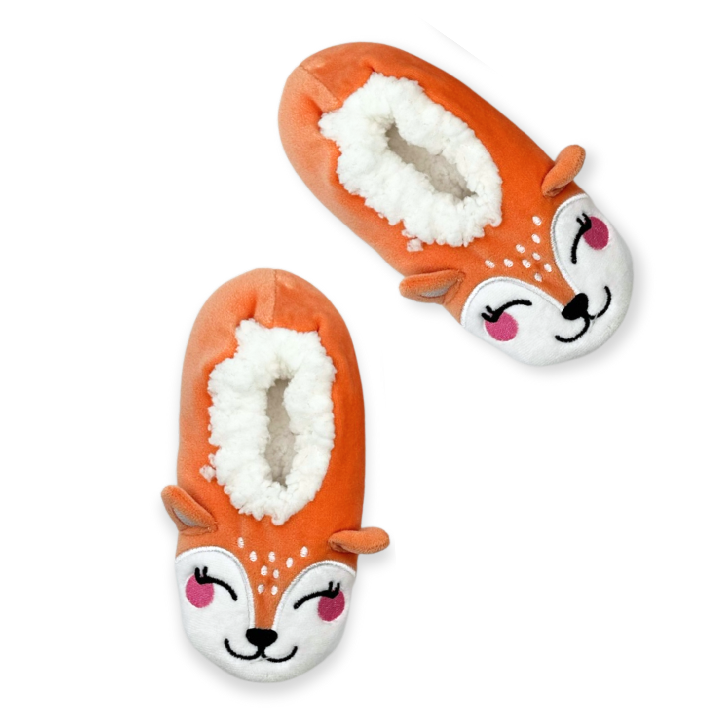 Orange slippers with a fox design
