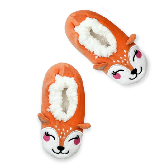 Orange slippers with a fox design
