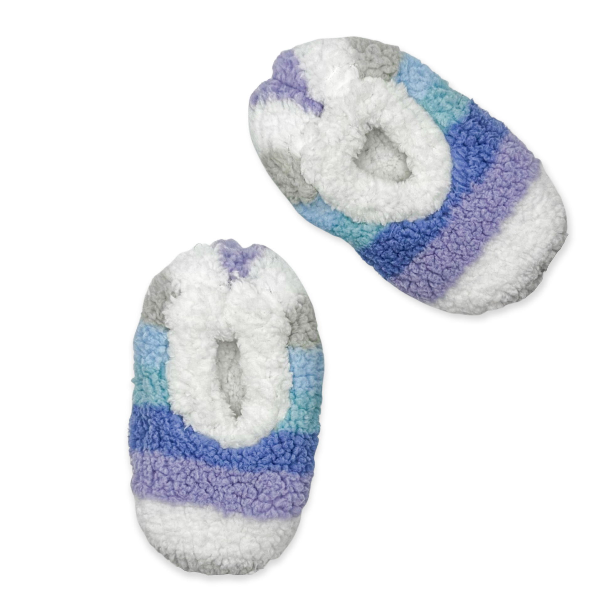 The image depicts a pair of galaxy ombre striped slippers. The slippers are made of a soft, fuzzy material and have a closed toe design. They are perfect for keeping your feet warm and cozy on cold days.