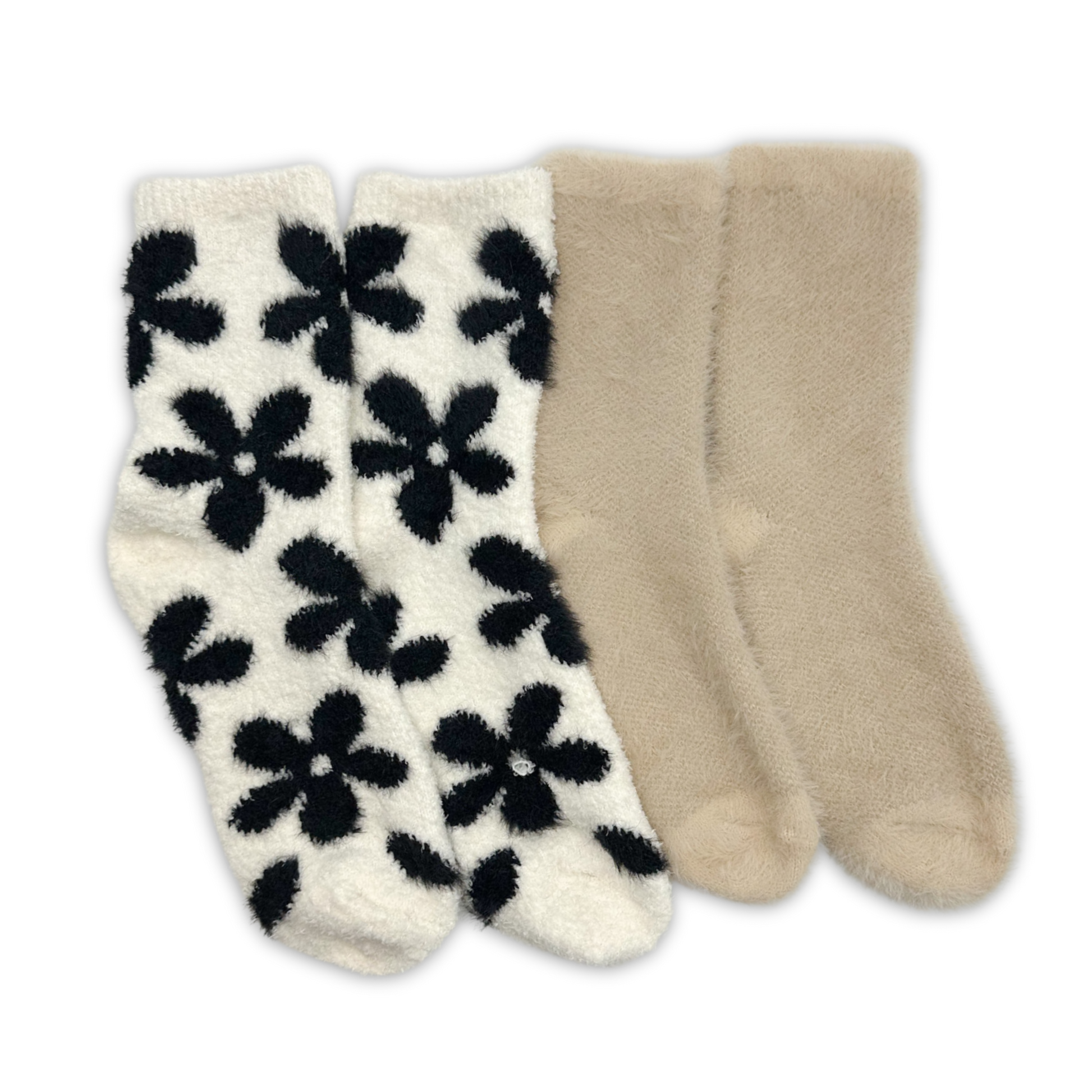 black flowers on white sock and beige plain sock