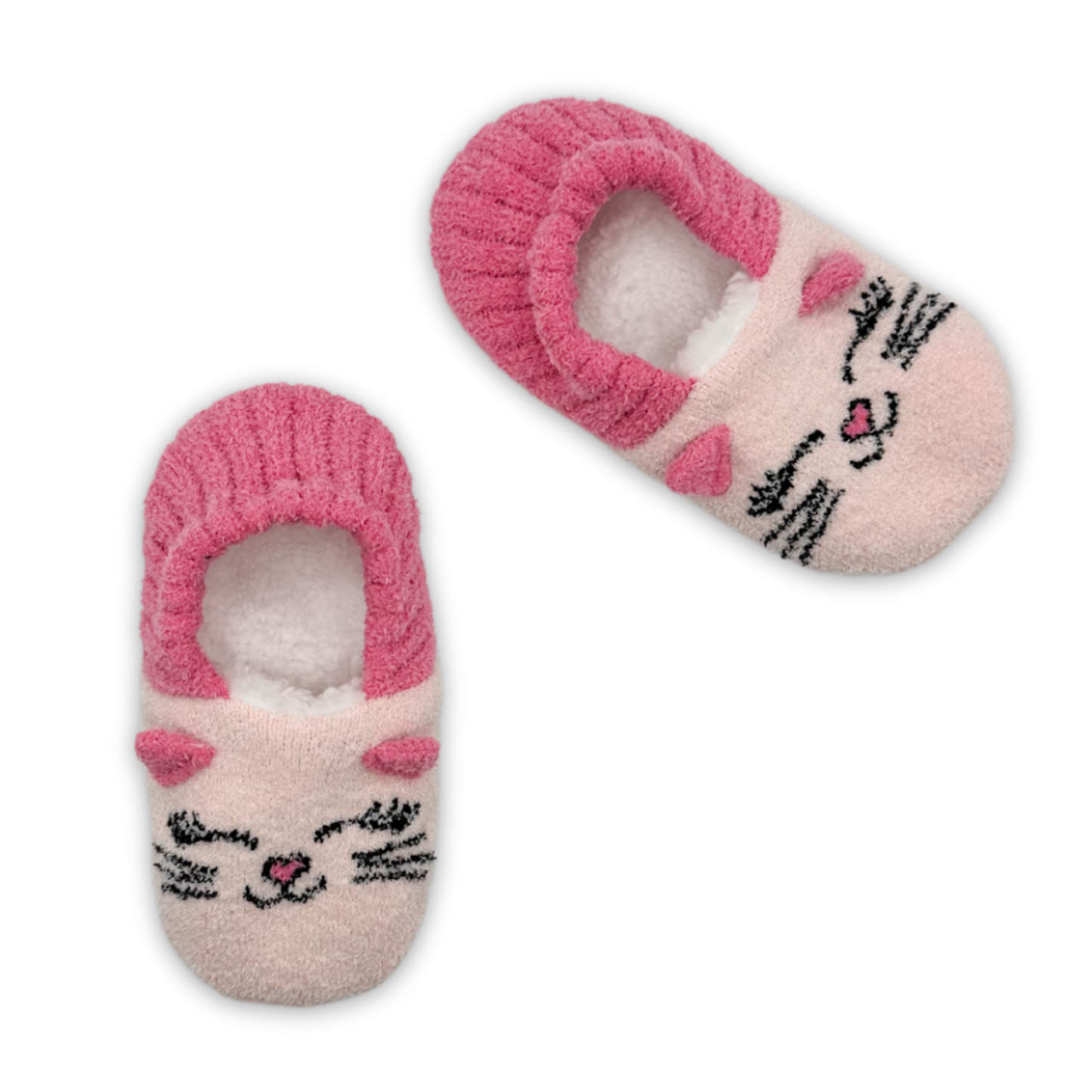 pink slipper sock with flexible back and cat face details