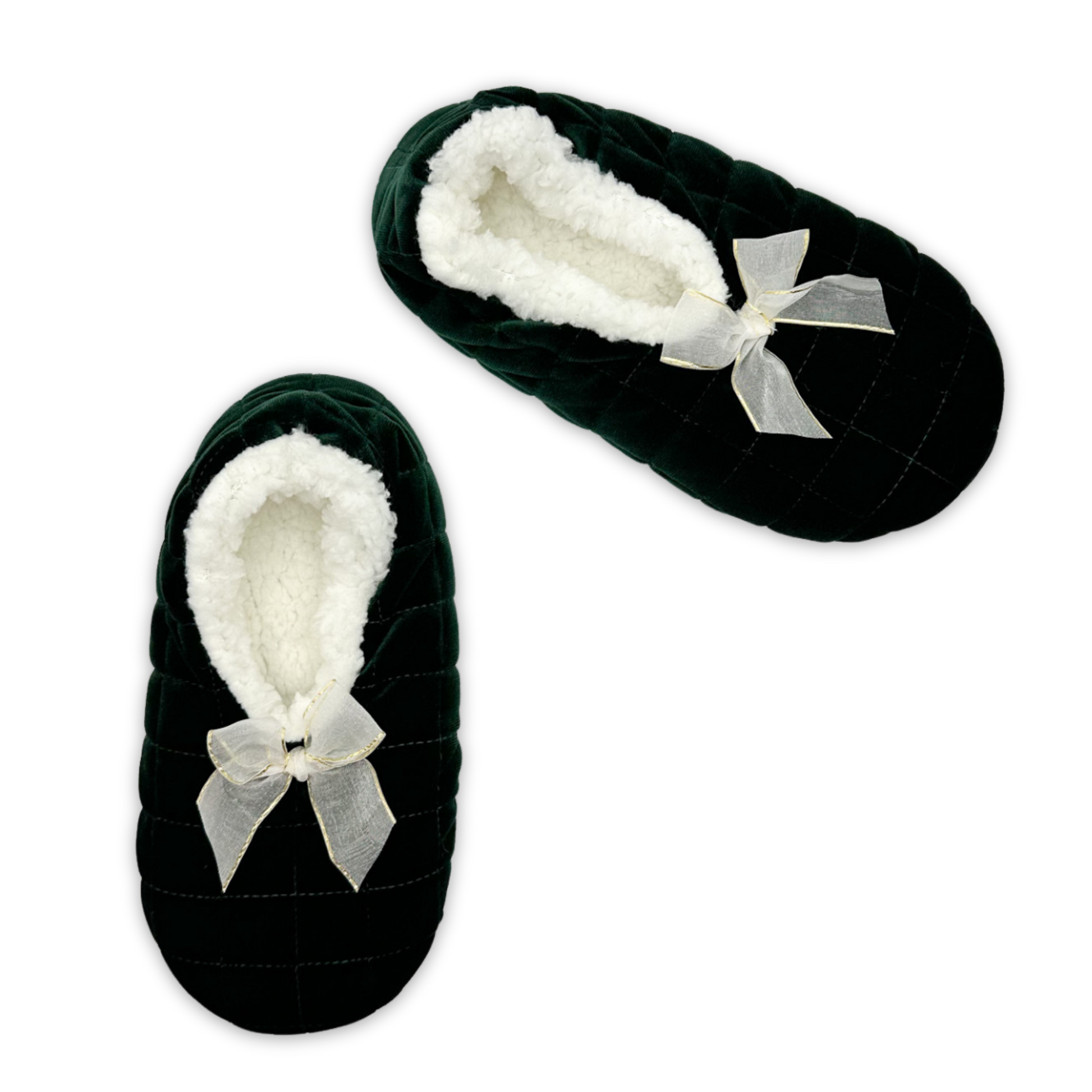 Green velvet quilted slipper with a white faux fur cuff and a larger white bow at the base of the cuff.