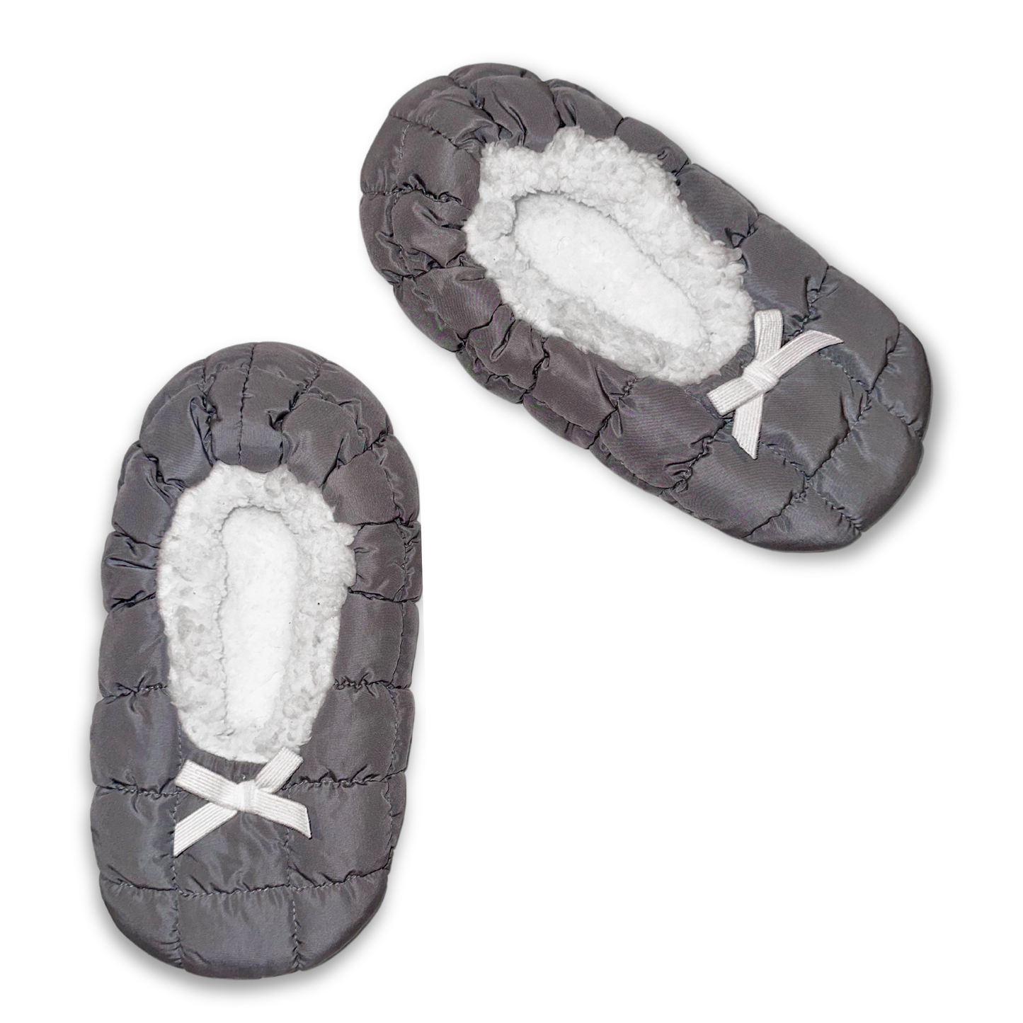 Gray Quilted Puffer Fuzzy Babba Slipper Socks with White Fuzzy Lining