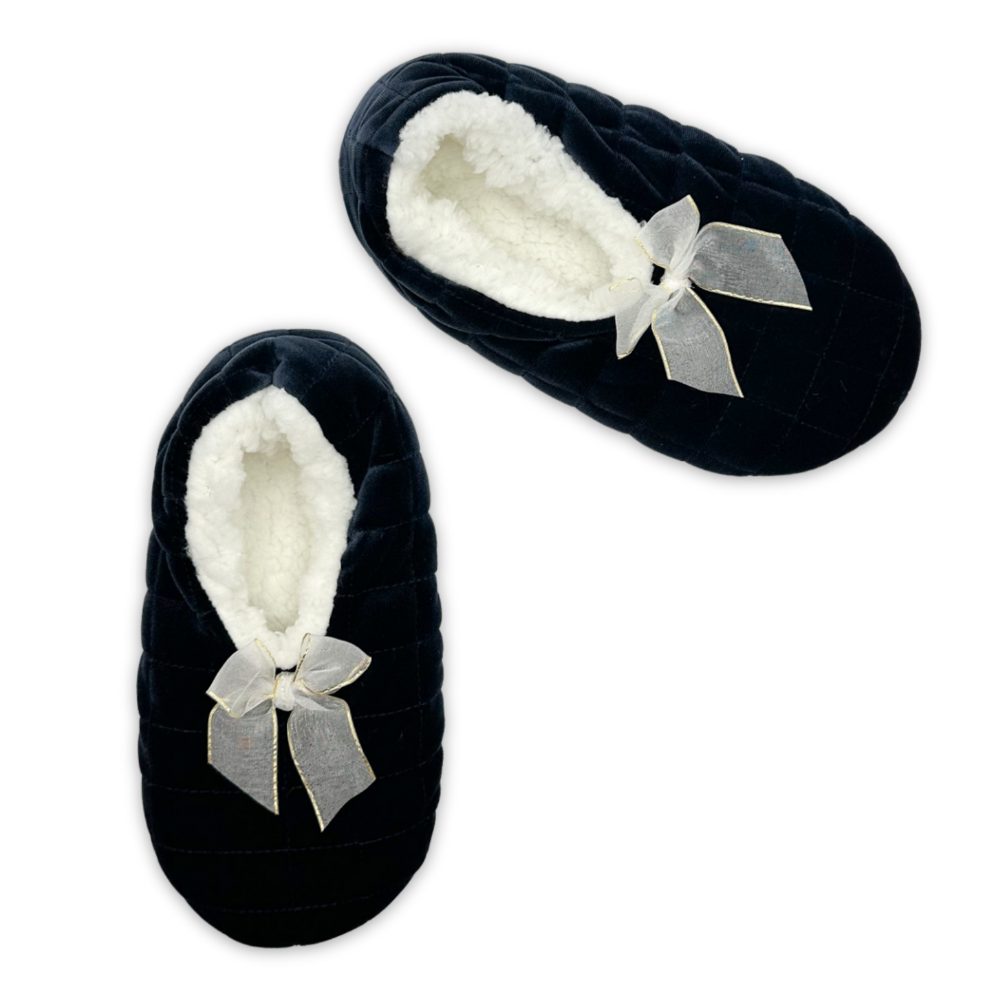 Grey velvet quilted slipper with a white faux fur cuff and a larger white bow at the base of the cuff.