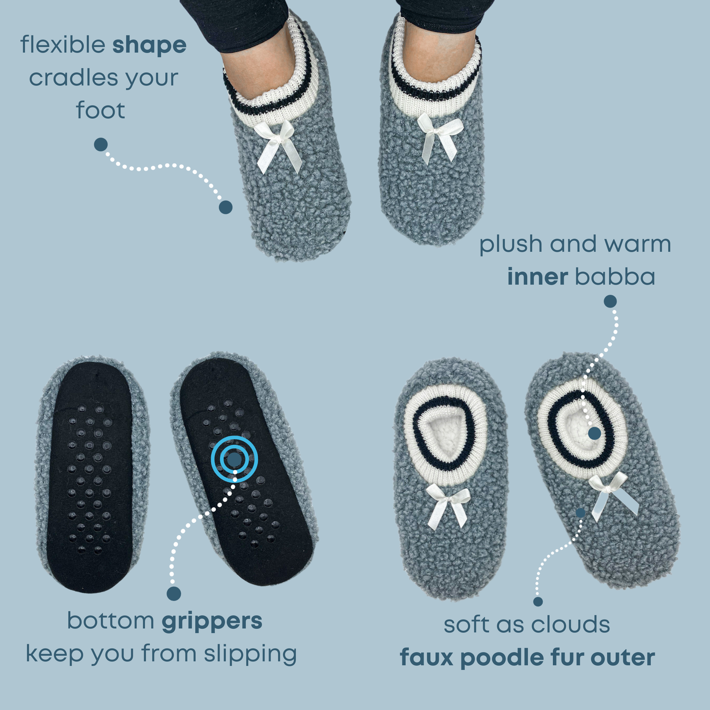 Varsity Grey Footable Fuzzy Babba Slipper Sock with Black Stripe Cuff