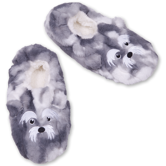 Women's Furry Grey Dog Slipper Socks with Gripper Bottoms