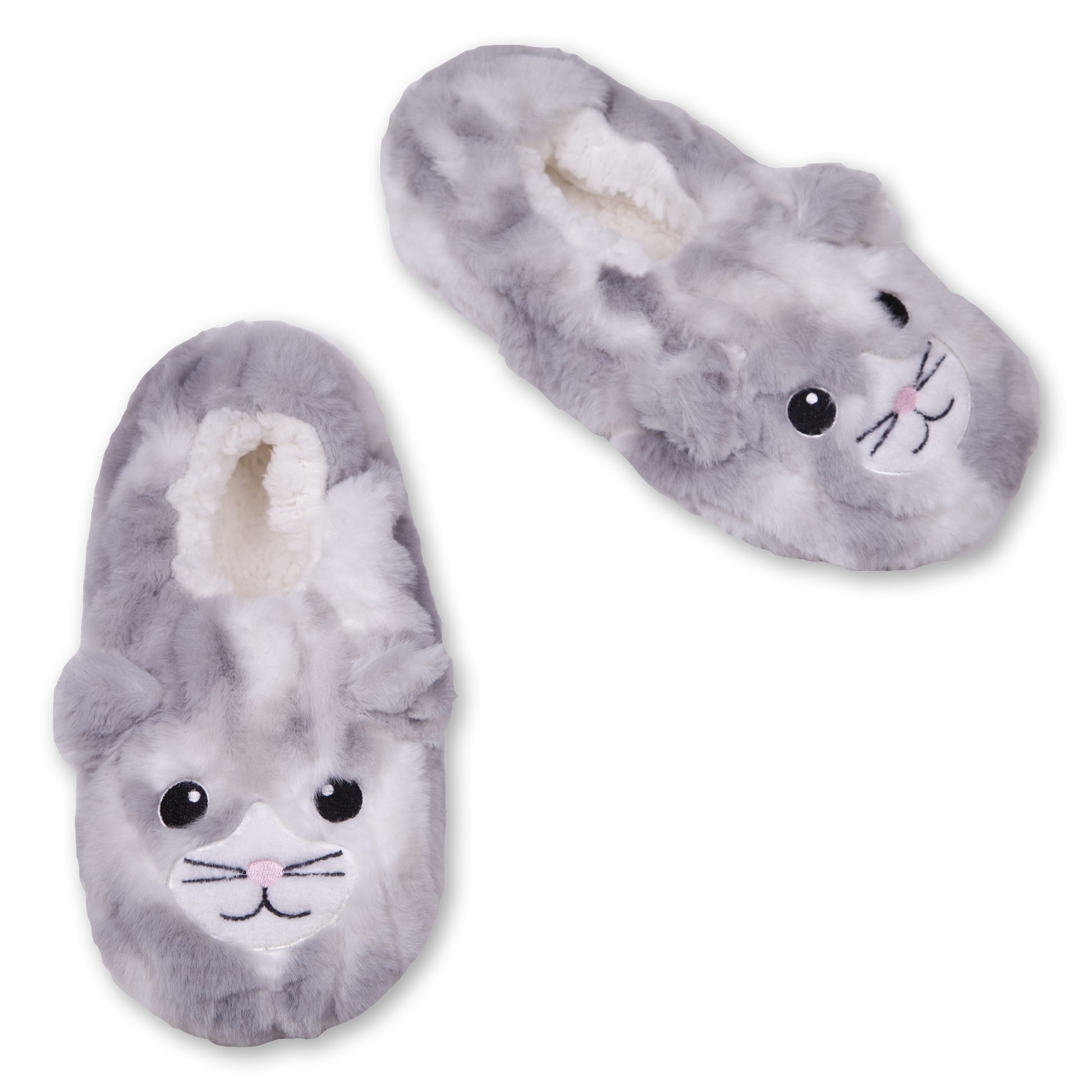 Women's Furry Grey Cat Slipper Socks with Gripper Bottoms