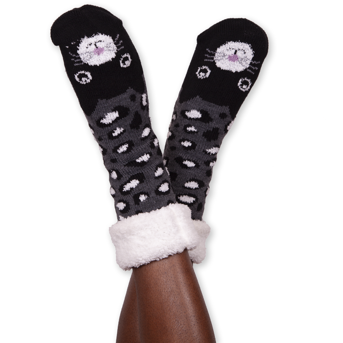 Women's Black Cat Cozy Warmer Slipper Socks with Sherpa Lining