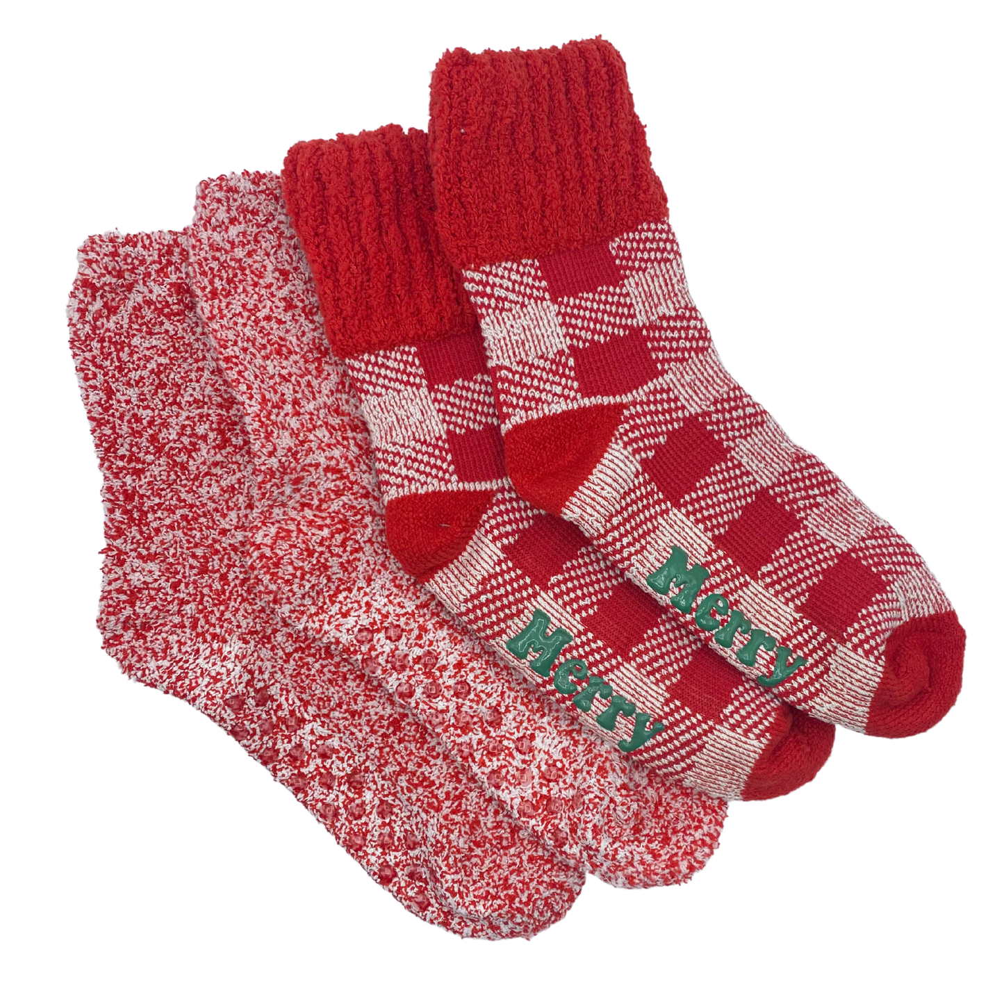 One red slipper sock with a red and white plaid pattern featuring a solid red cuff. Also features a solid red heel and toe patch. The bottom contains a rubber gripper in the shape of text Merry Everything. 