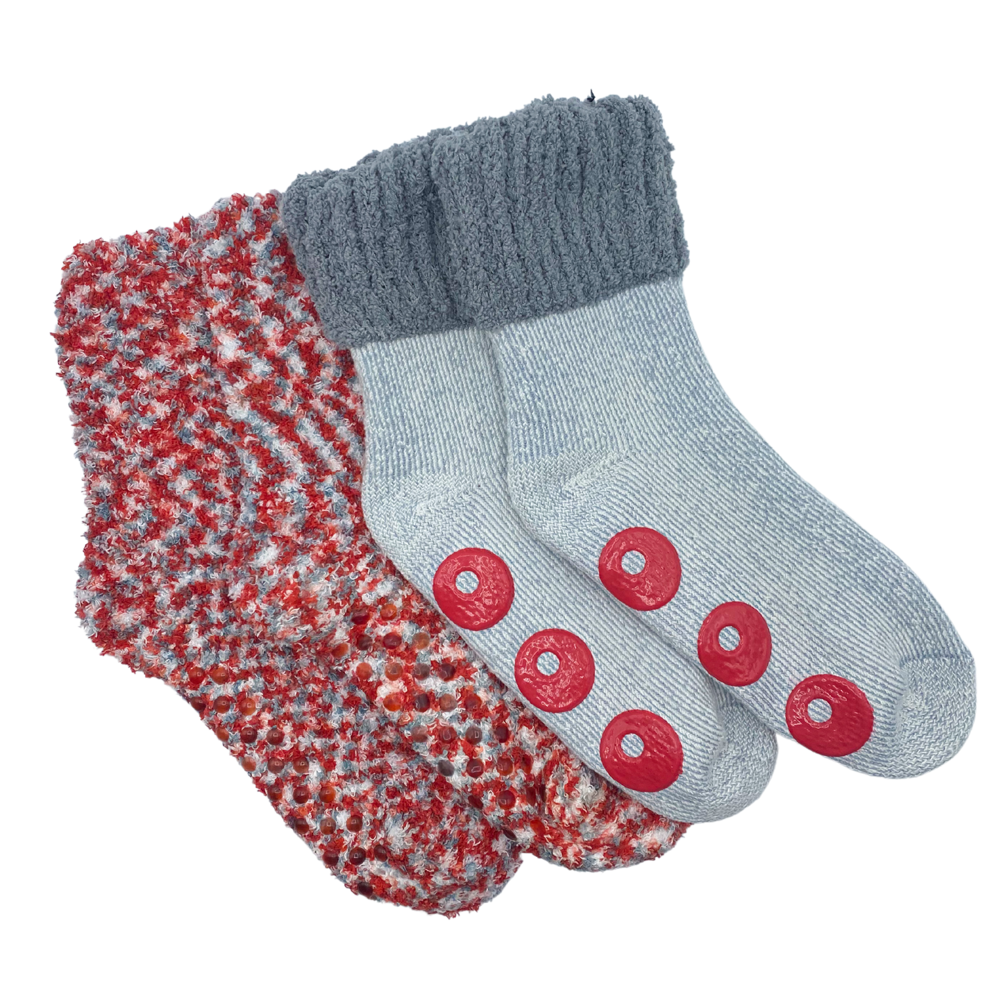 One white fuzzy sock featuring red HO HO HO shaped rubber gripper.