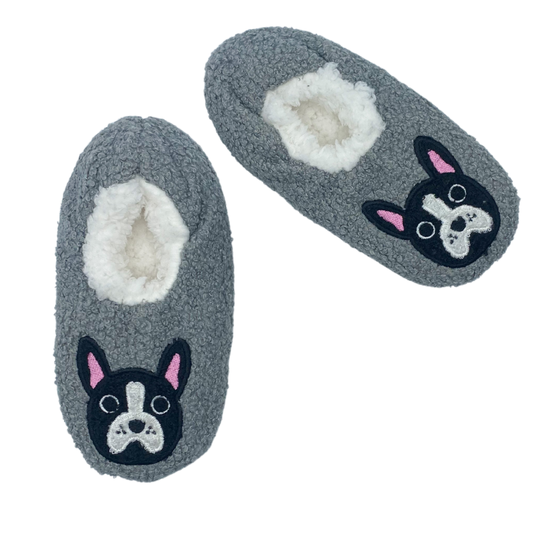 Boston Terrier Embroidered Faux Poodle Fur Slipper Socks