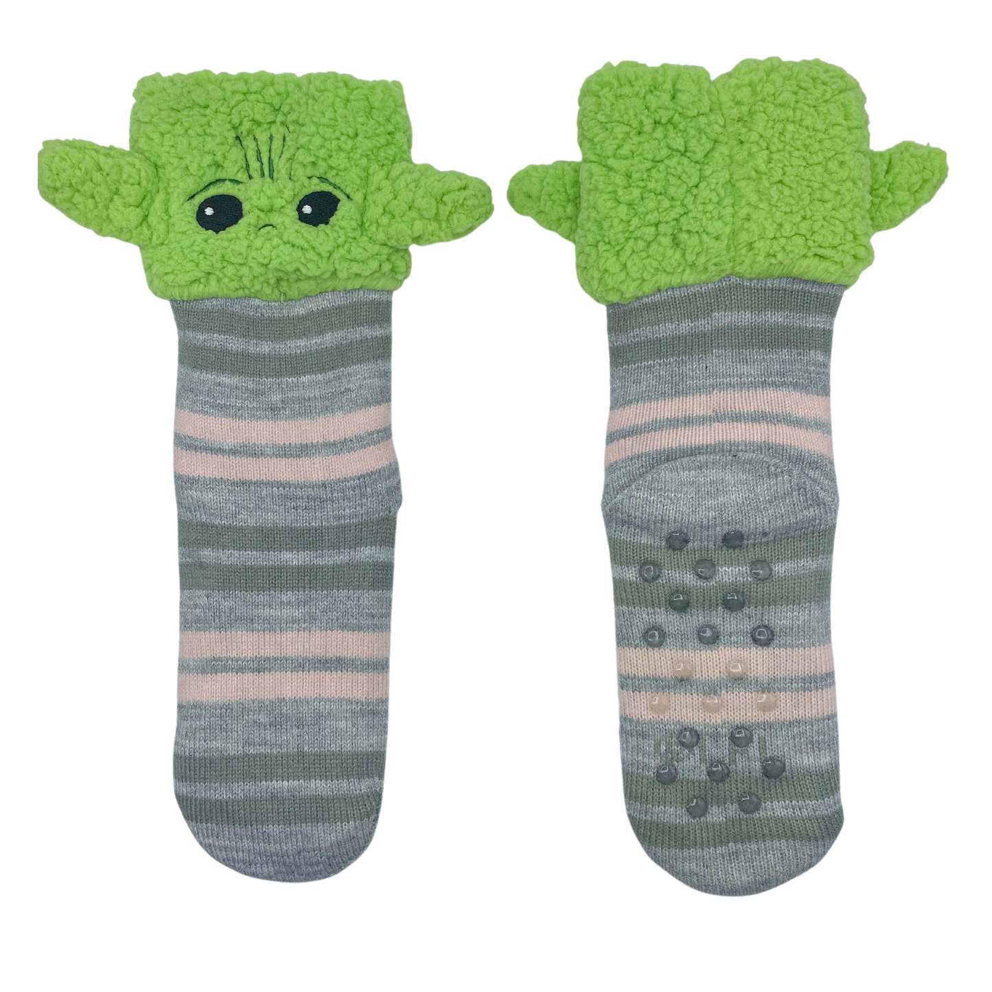 One light grey slipper sock with alternating thick dark grey and pink stripes spaced out featuring a green fuzzy Grogu face with pointy green ears.