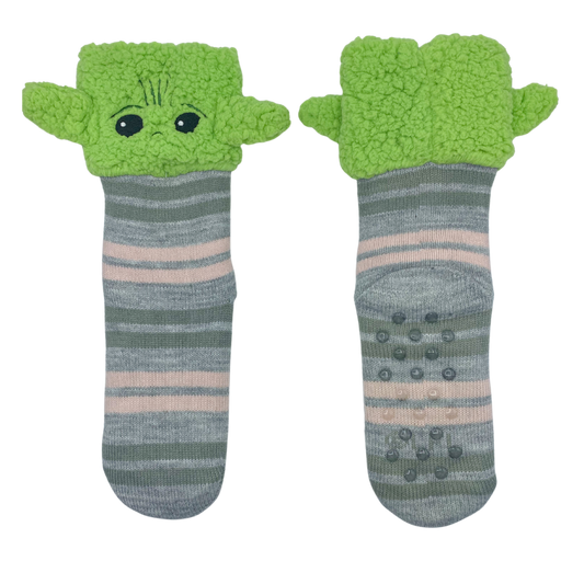 One light grey slipper sock with alternating thick dark grey and pink stripes spaced out featuring a green fuzzy Grogu face with pointy green ears.