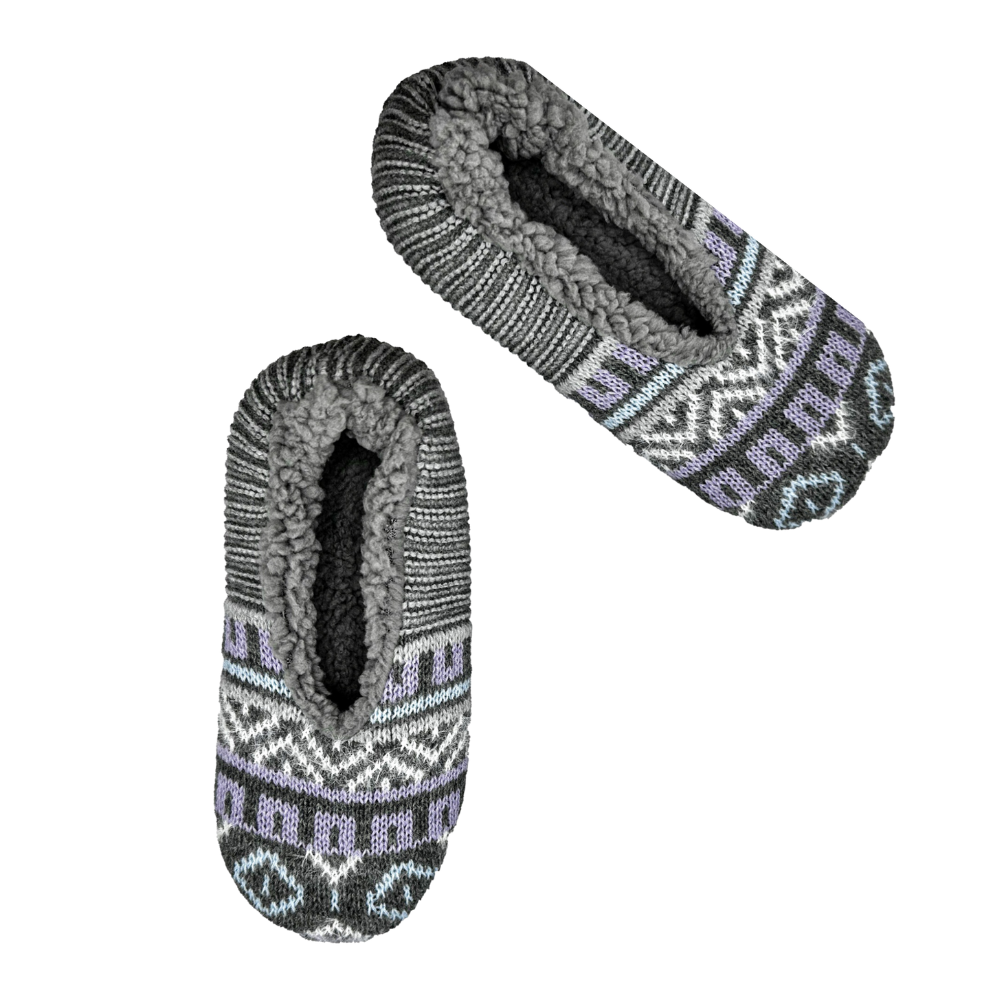A pair of cozy, plush slippers in a neutral gray and purple color. The slippers have a soft, fluffy upper and a cushioned sole. They are perfect for keeping your feet warm and comfortable on cold days.