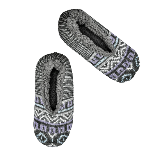 A pair of cozy, plush slippers in a neutral gray and purple color. The slippers have a soft, fluffy upper and a cushioned sole. They are perfect for keeping your feet warm and comfortable on cold days.