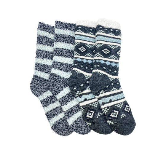 Two pairs of socks sitting next to each other. The socks are made of a soft, cozy material and are in the colors grey, black, and white.

The left pair of socks has white and blue stripes, while the right pair has a more knit pattern with blue, black, and white details.