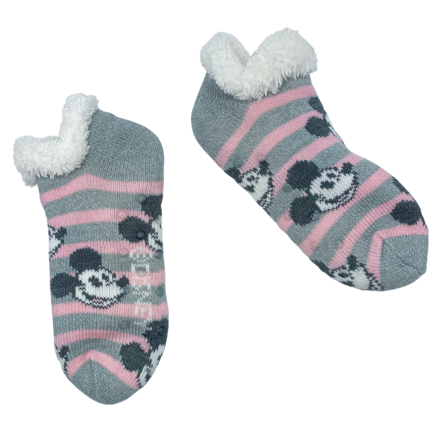 One grey ankle length cozy warmer slipper sock with pink stripes featuring a side profile of a smiling Mickey Mouse face in a repeating pattern.