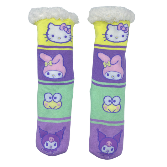 One cozy warmer slipper sock with yellow, purple, green, and pink sections featuring faces of Hello Kitty and friends. 