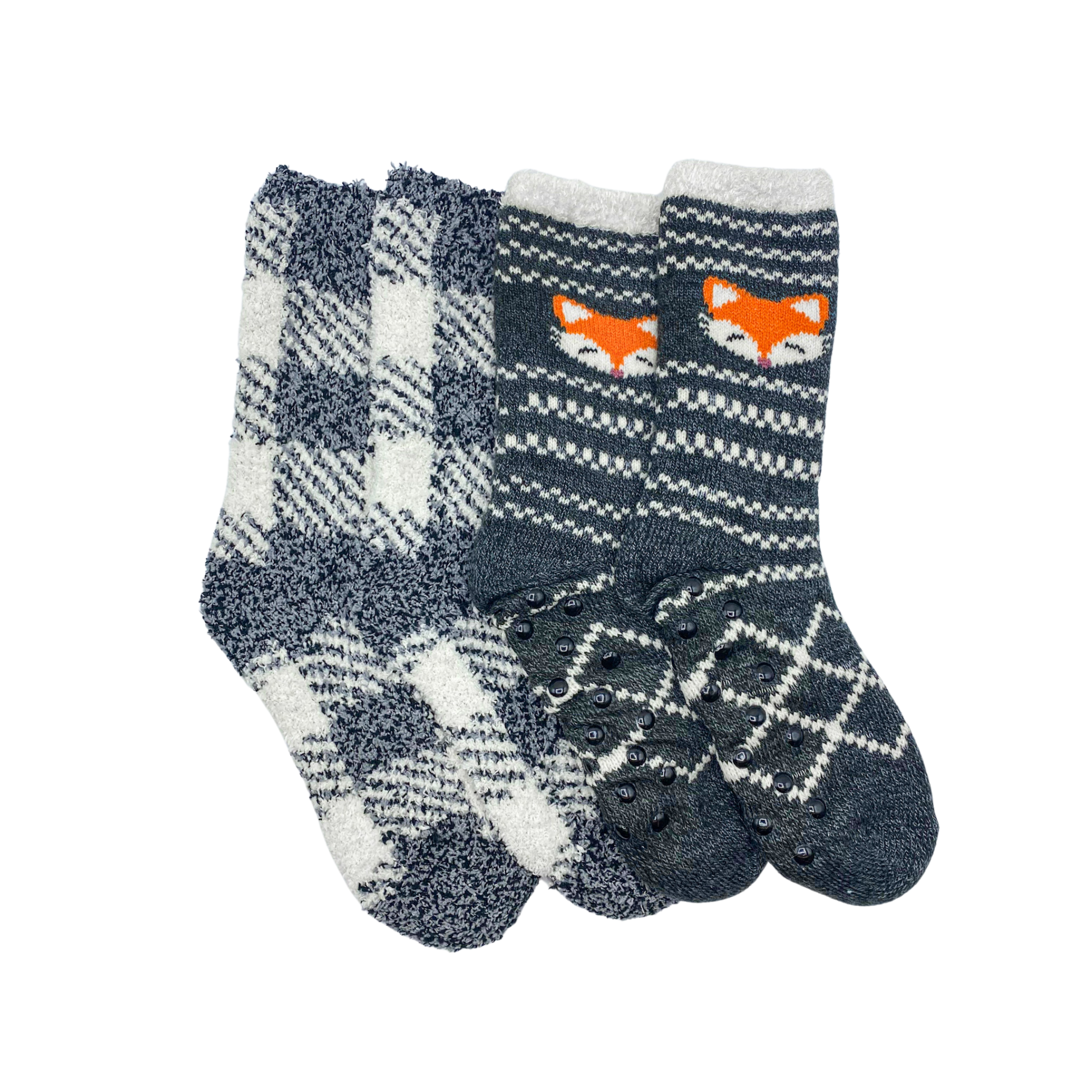 Two pairs of socks sitting next to each other. The socks are made of a soft, cozy material and are in the colors grey, white, and orange. 

The left pair of socks are white and grey plaid, while the right pair have white zig zag lines with a fox face on the side.