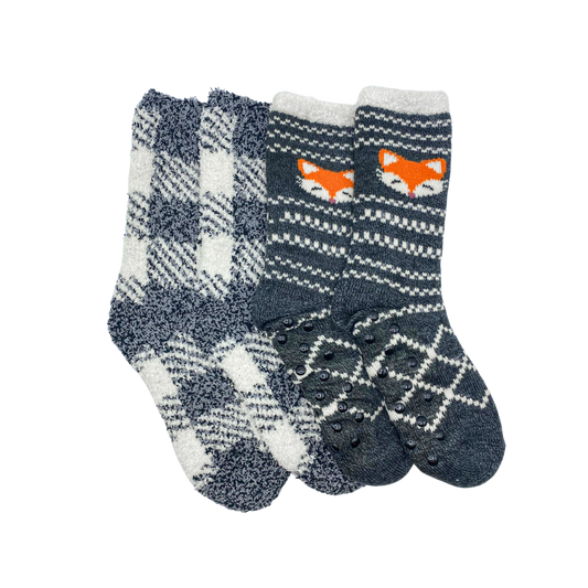 Two pairs of socks sitting next to each other. The socks are made of a soft, cozy material and are in the colors grey, white, and orange. 

The left pair of socks are white and grey plaid, while the right pair have white zig zag lines with a fox face on the side.
