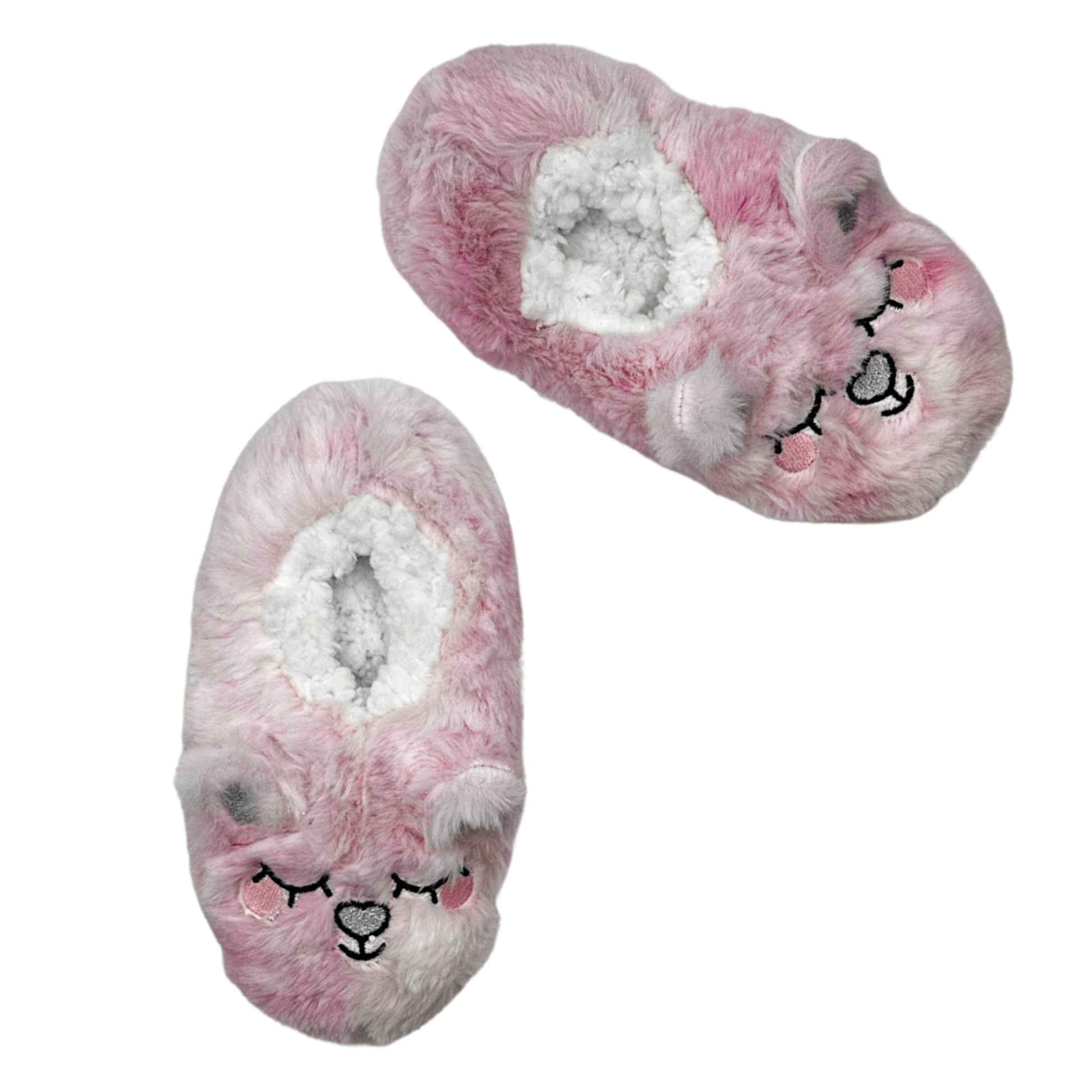 A pair of pink slippers with a smiling animal face on them and 3D sparkly ears