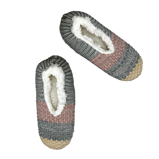 A pair of cozy, plush slippers in a neutral gray, red, green, and yellow color. The slippers have a soft, fluffy upper and a cushioned sole. They are perfect for keeping your feet warm and comfortable on cold days.