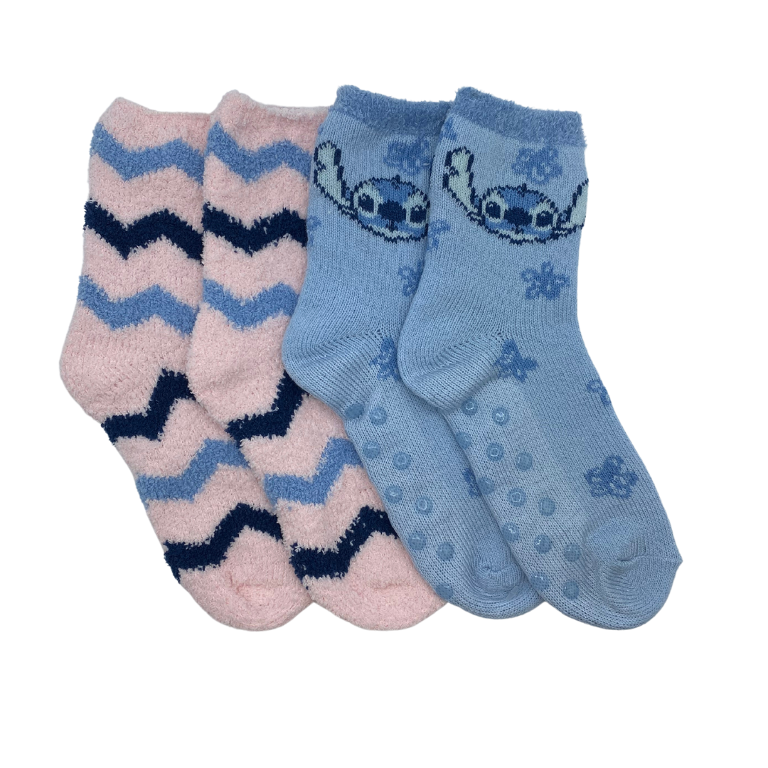 Two pairs of socks inspired by Lilo and Stitch. 

One is a pink sock with light blue and dark blue zigzag stripes. 

The other is a light blue sock with the motif of Stitch above the ankle with slightly darker blue flowers scarcely pattered all over.
