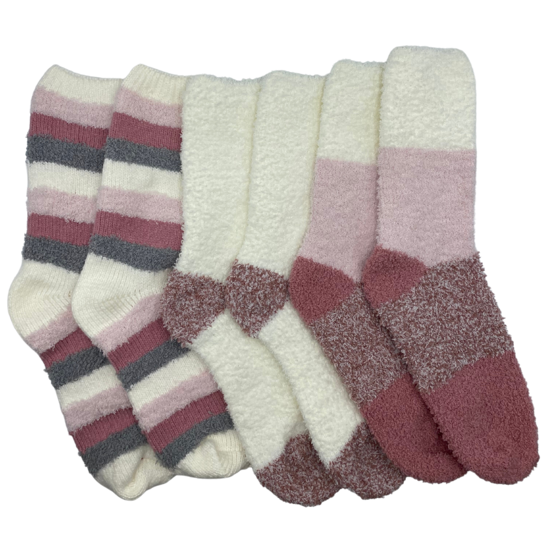 Three pairs of socks. 

The first consists of stripes in beige, light pink, maroon, and dark brown.

The second is a beige sock with a brown heel and toe patch.

The third consists a 4 stripes design. The stripes are thick and are in the colors beige, light pink, light brown, and maroon.