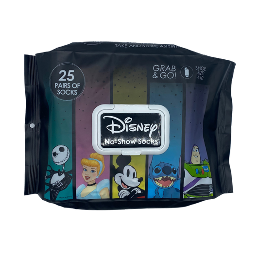 Women's No Show 25 Pack Ankle Sock Spalding Bundle Brick. Franchises featured on the cover include The Nightmare before Christmas, Disney Princesses, Mickey Mouse, Lilo and Stitch, and Toy Story.