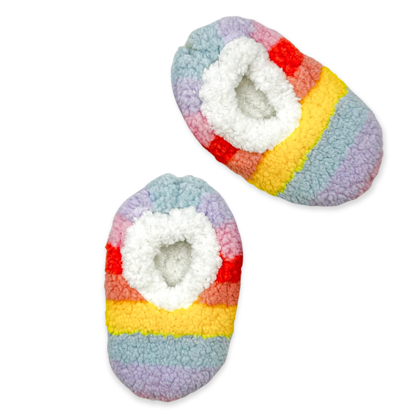 The image depicts a pair of rainbow striped slippers. The slippers are made of a soft, fuzzy material and have a closed toe design. They are perfect for keeping your feet warm and cozy on cold days.